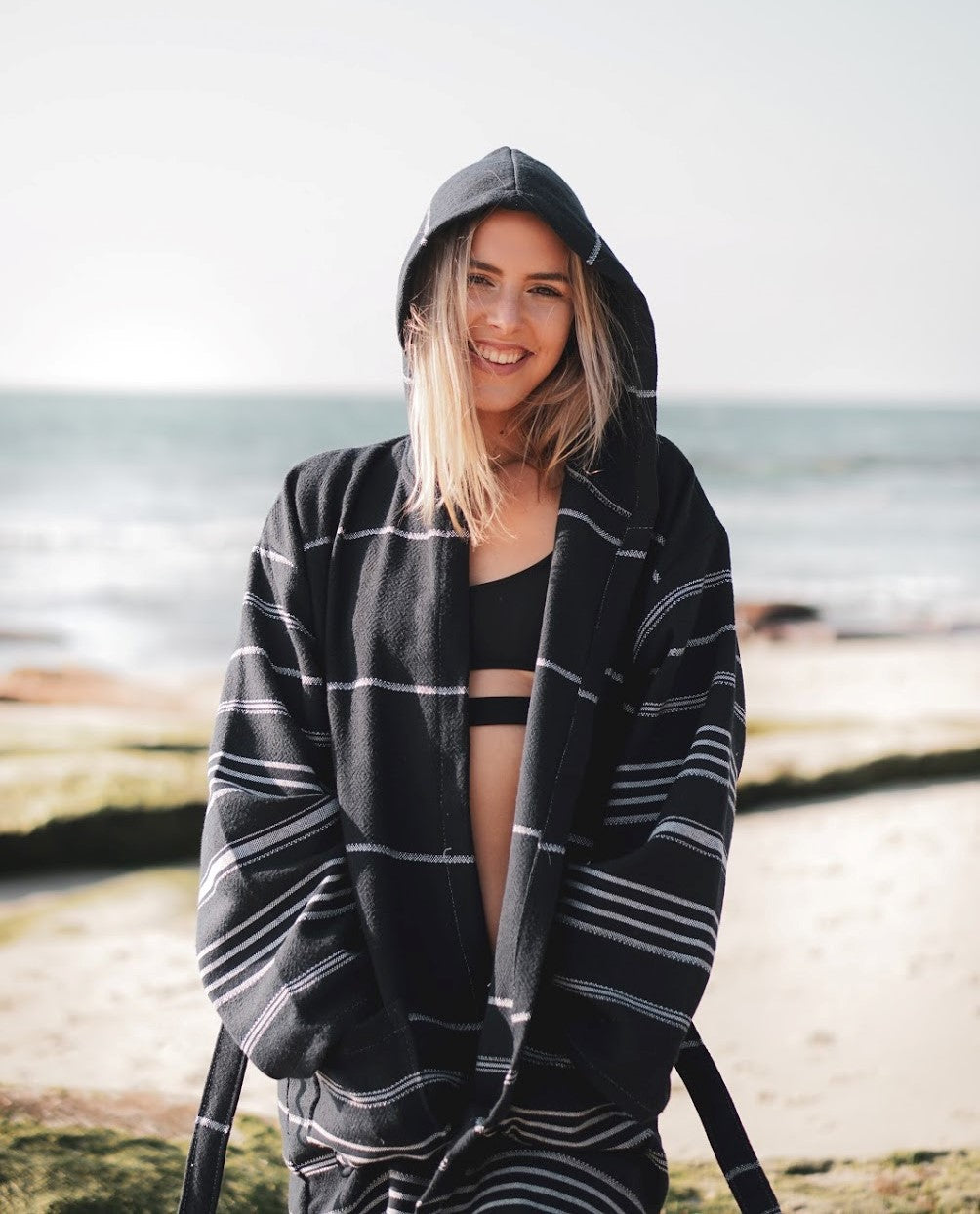 Del Mar Navy Turkish Towel Terry Bathrobe – 100% Turkish Cotton Hooded Unisex Spa Robe (S/M, L/XL)-2