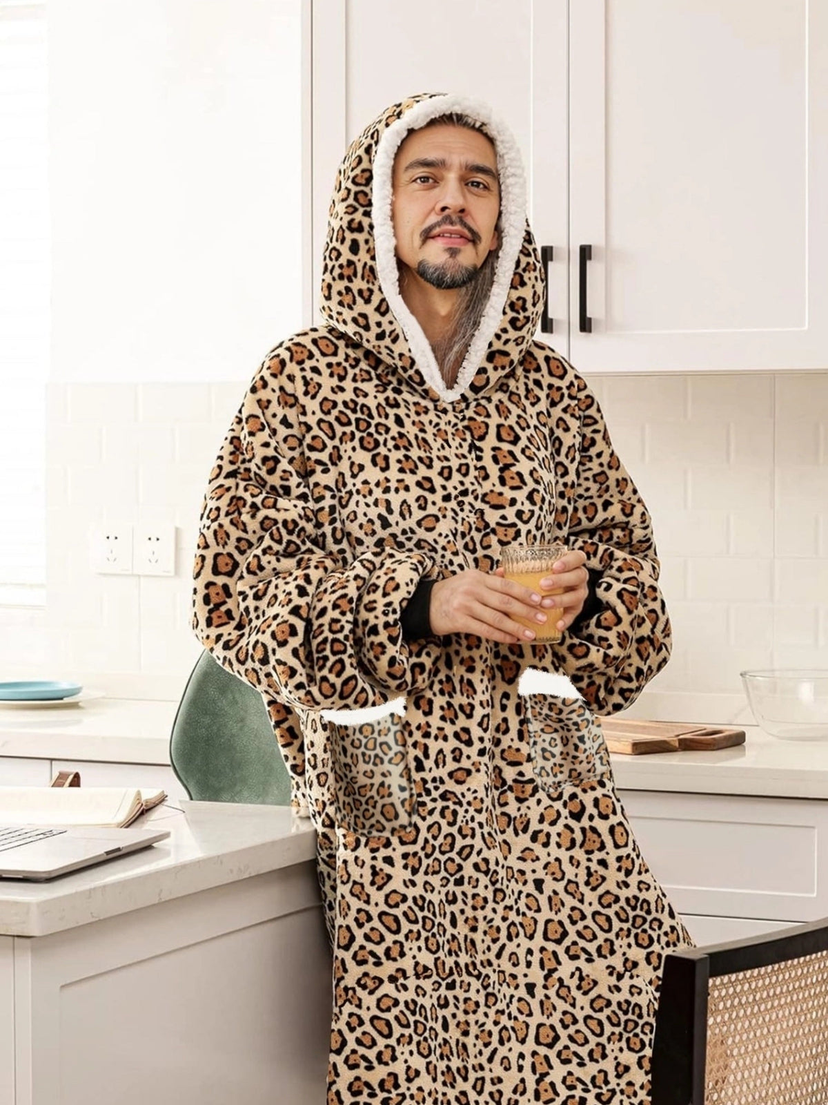 Leopard Print Flannel Hooded Winter Robe Set-4