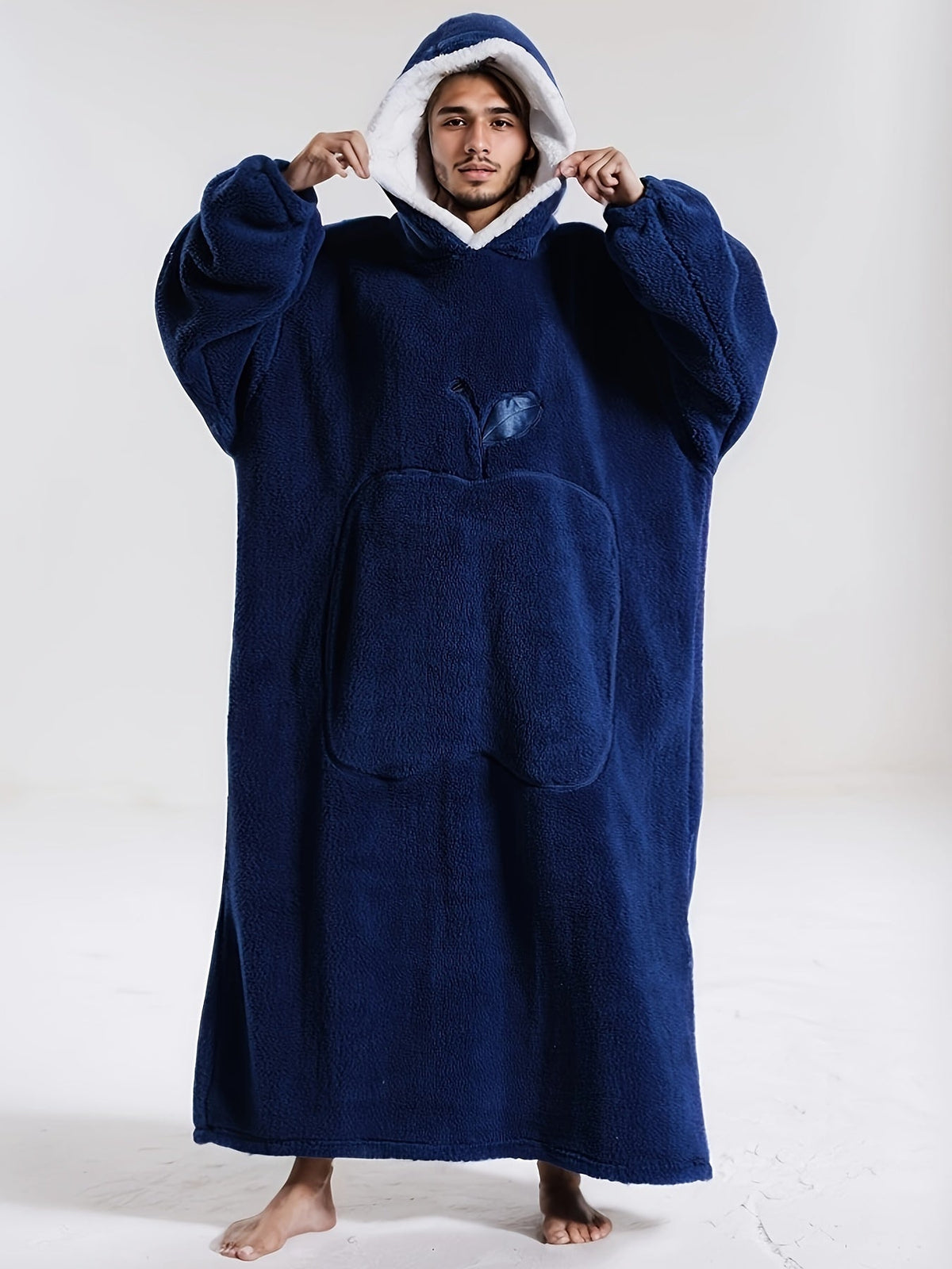 Winter Fleece Hooded Robe Navy Blue Blanket-1