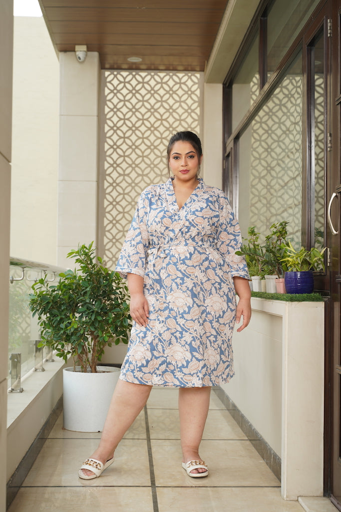 Blue Floral Printed 100% Cotton Kimono Robe-2