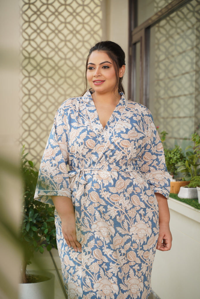 Blue Floral Printed 100% Cotton Kimono Robe-3