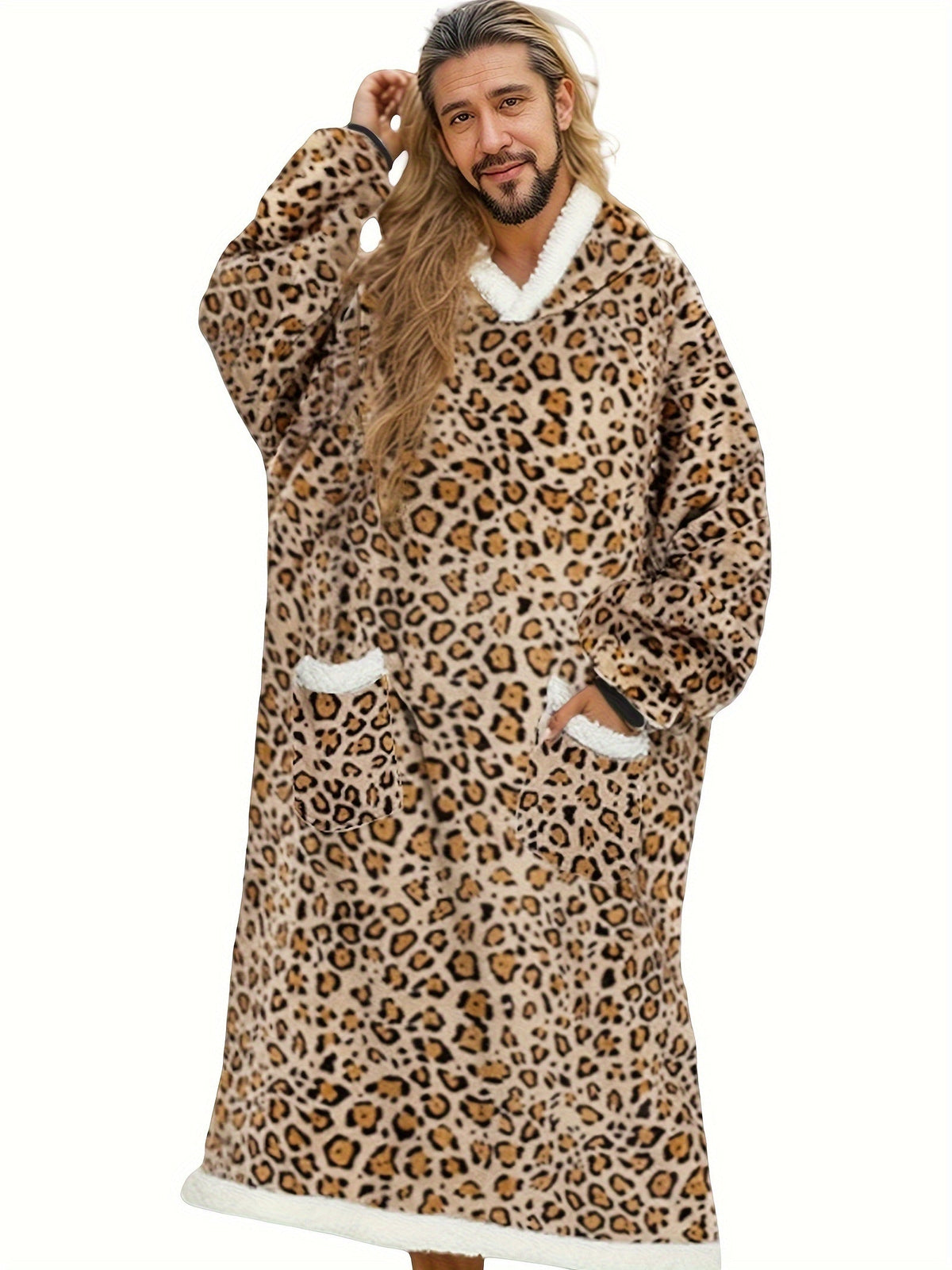 Leopard Print Flannel Hooded Winter Robe Set-1
