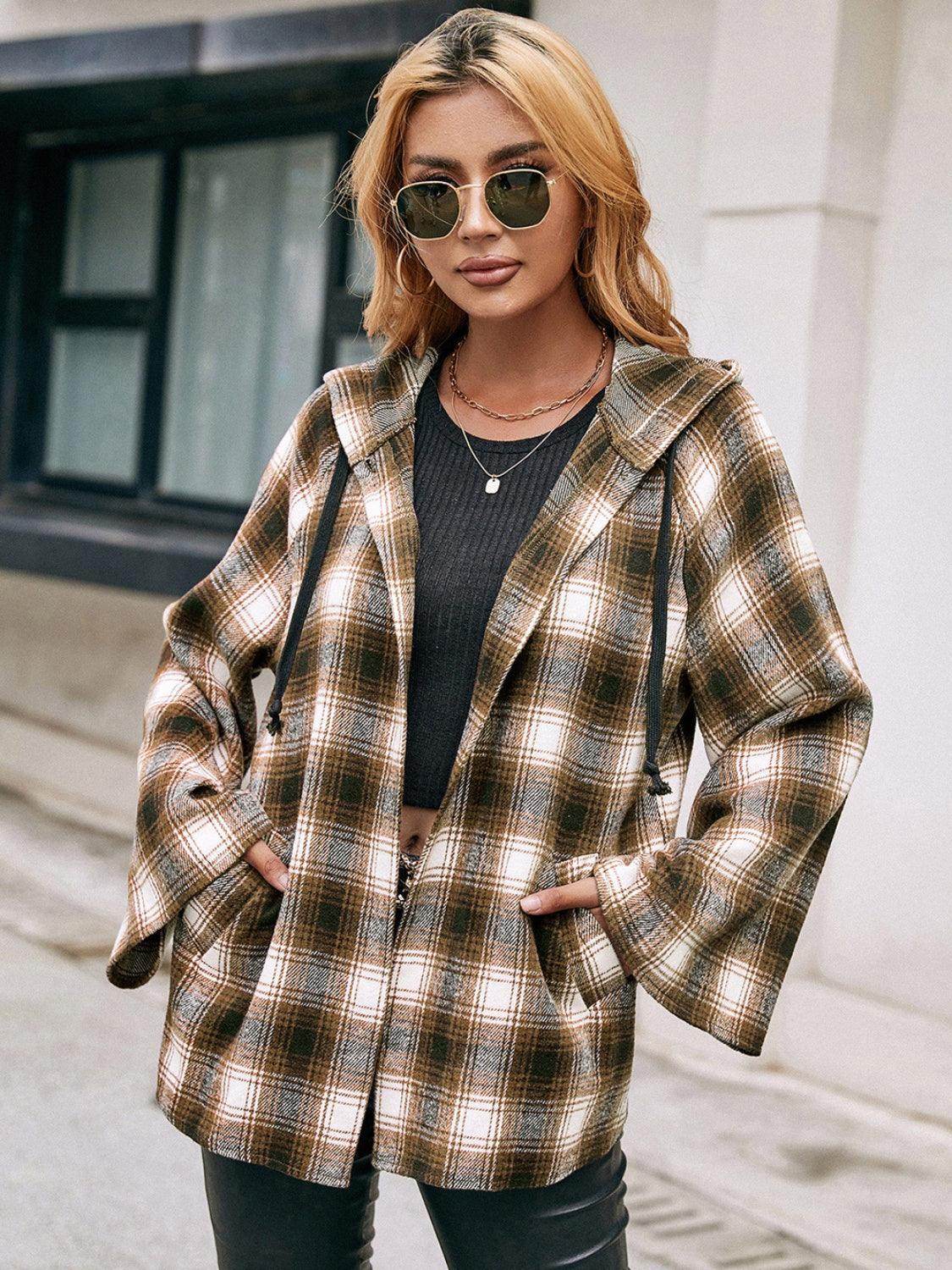 Ivy Lane Pocketed Plaid Long Sleeve Hooded Jacket for Women-0