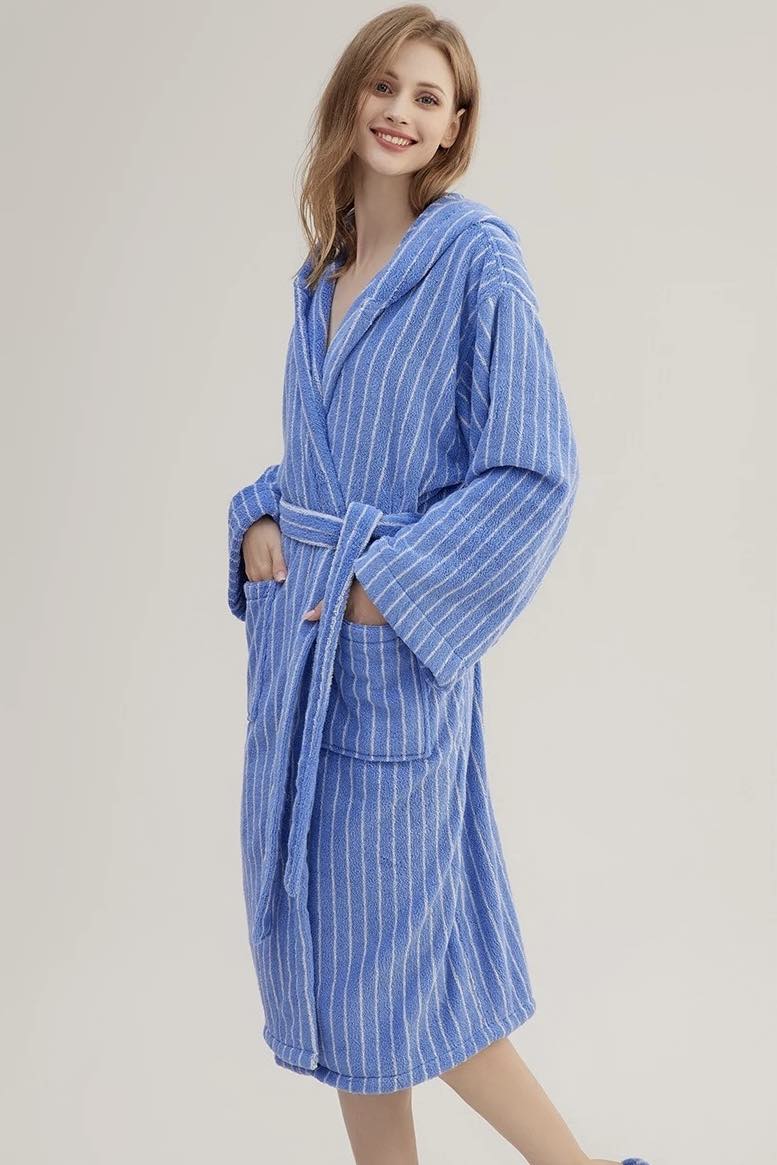 Blue Retro Hooded Stripe Bathrobe, 100% ORGANIC Long-stapled Cotton-0