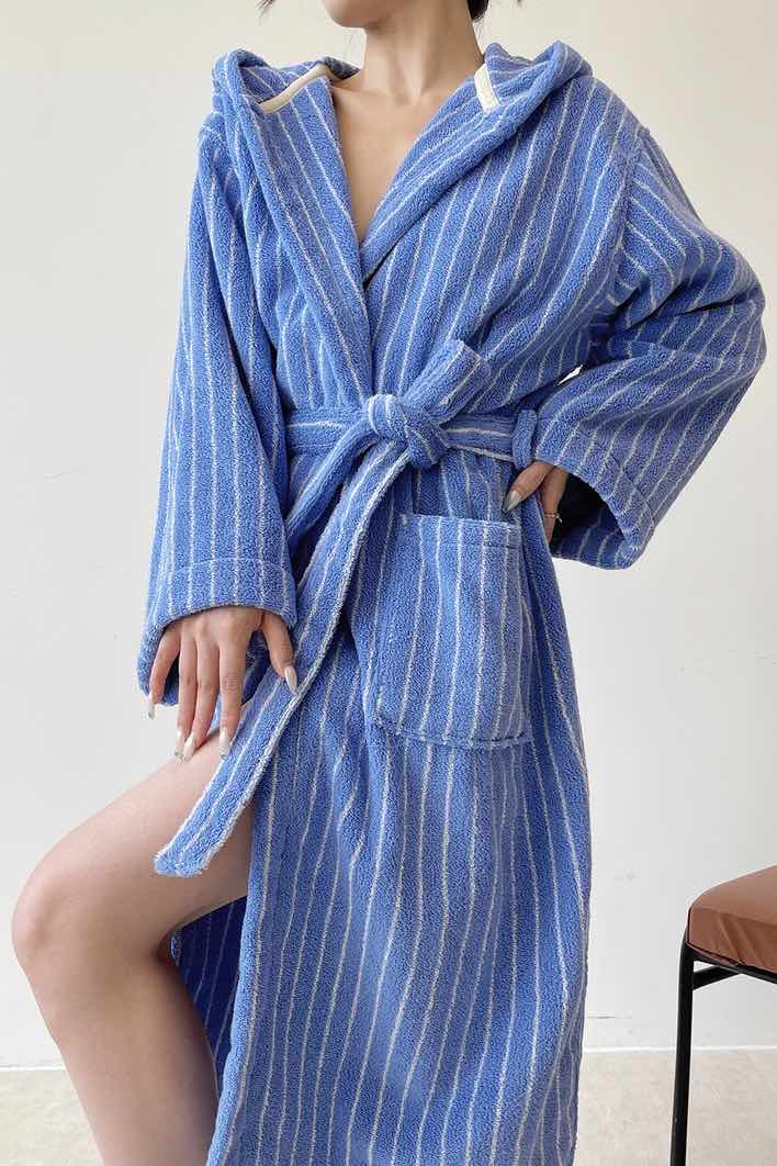 Blue Retro Hooded Stripe Bathrobe, 100% ORGANIC Long-stapled Cotton-3
