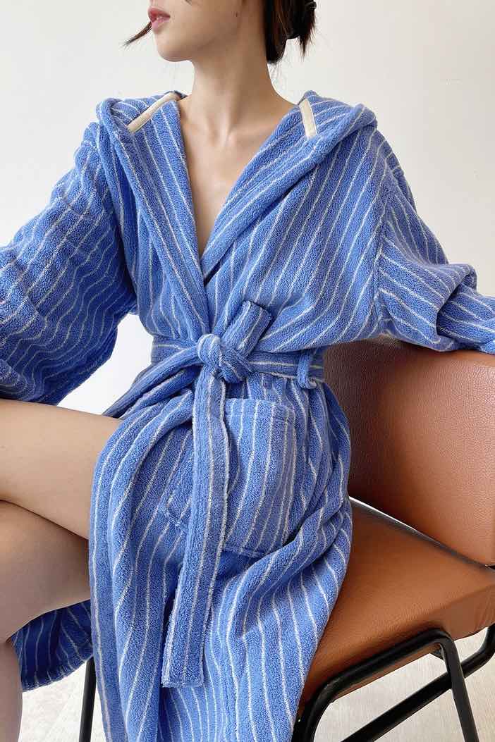 Blue Retro Hooded Stripe Bathrobe, 100% ORGANIC Long-stapled Cotton-4