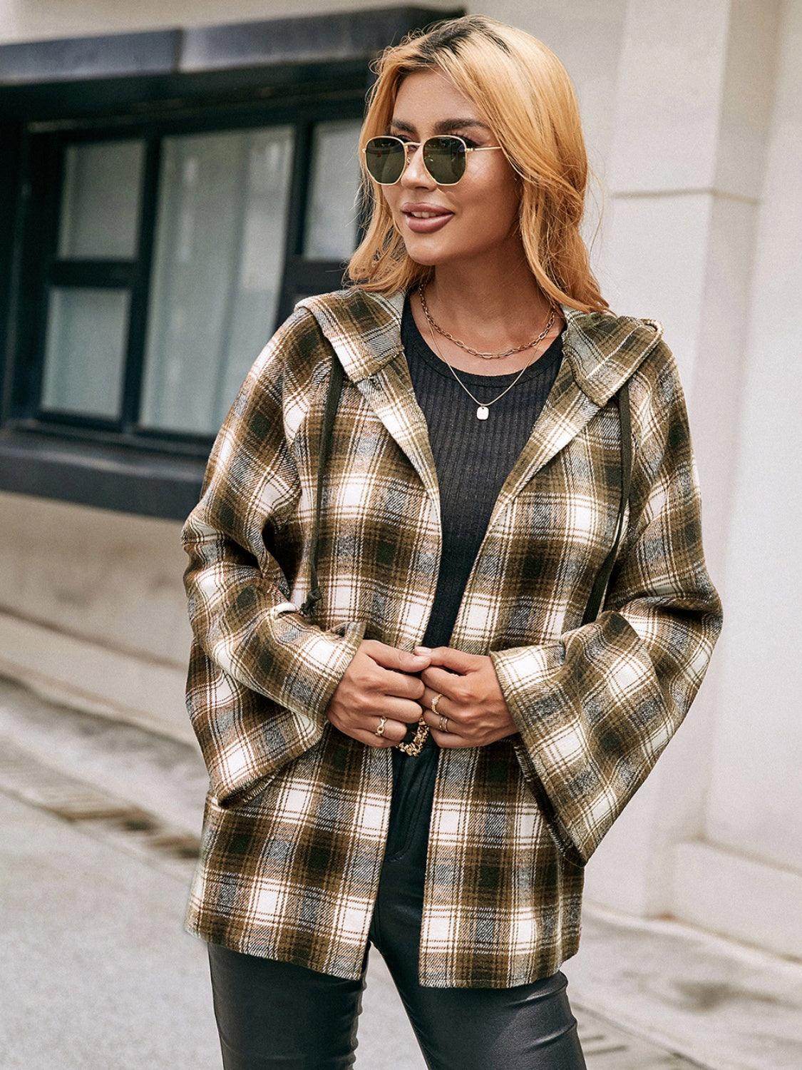 Ivy Lane Pocketed Plaid Long Sleeve Hooded Jacket for Women-4