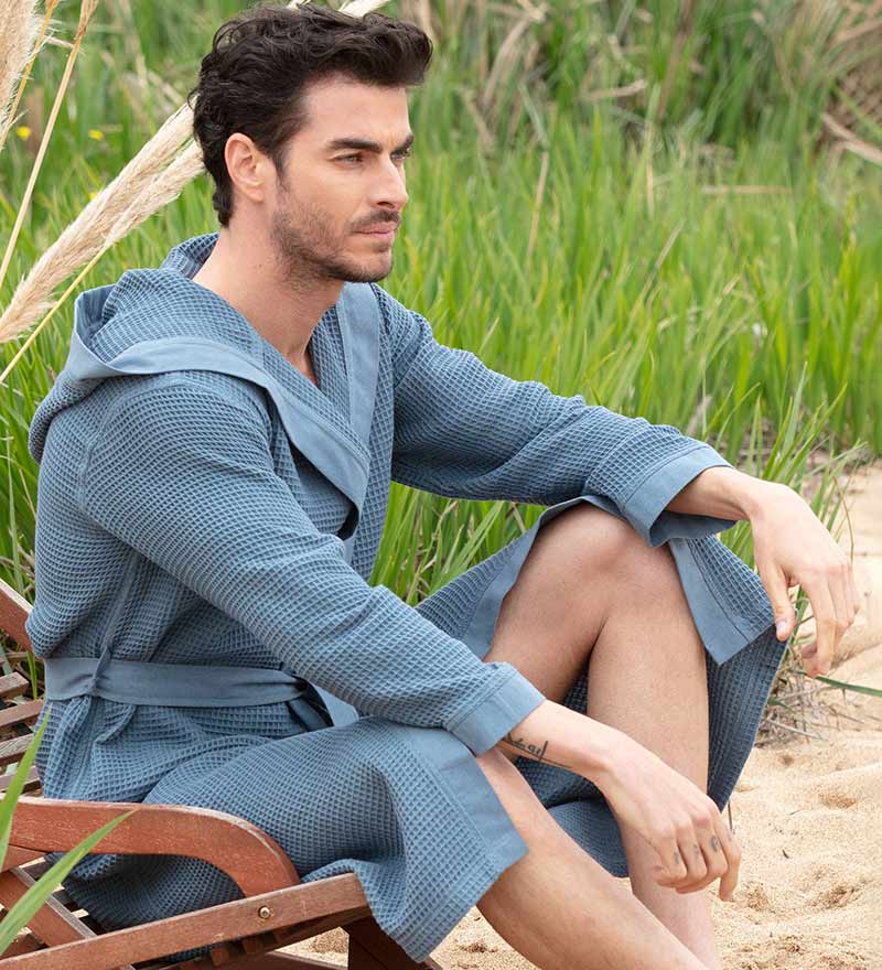 1038 Men's Hooded Turkish Cotton Waffle Robe