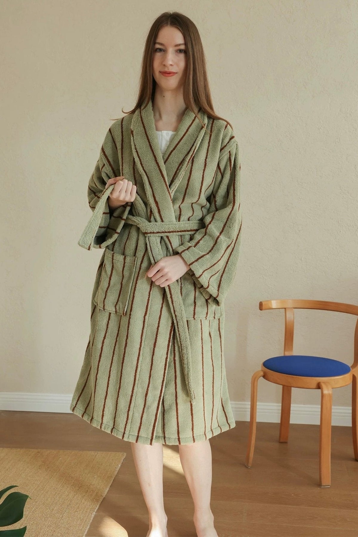 Retro Earthy Pinstripe Cotton Robe - 460 GSM Soft Absorbent Robe for Slow Living-1