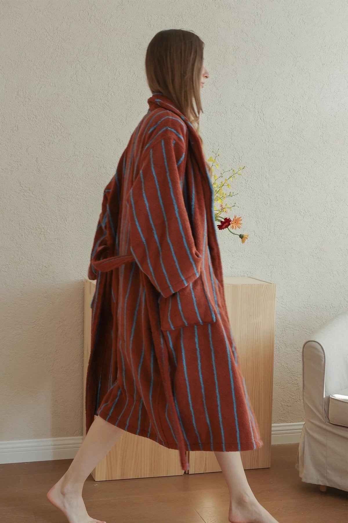 Retro Earthy Pinstripe Cotton Robe - 460 GSM Soft Absorbent Robe for Slow Living-2