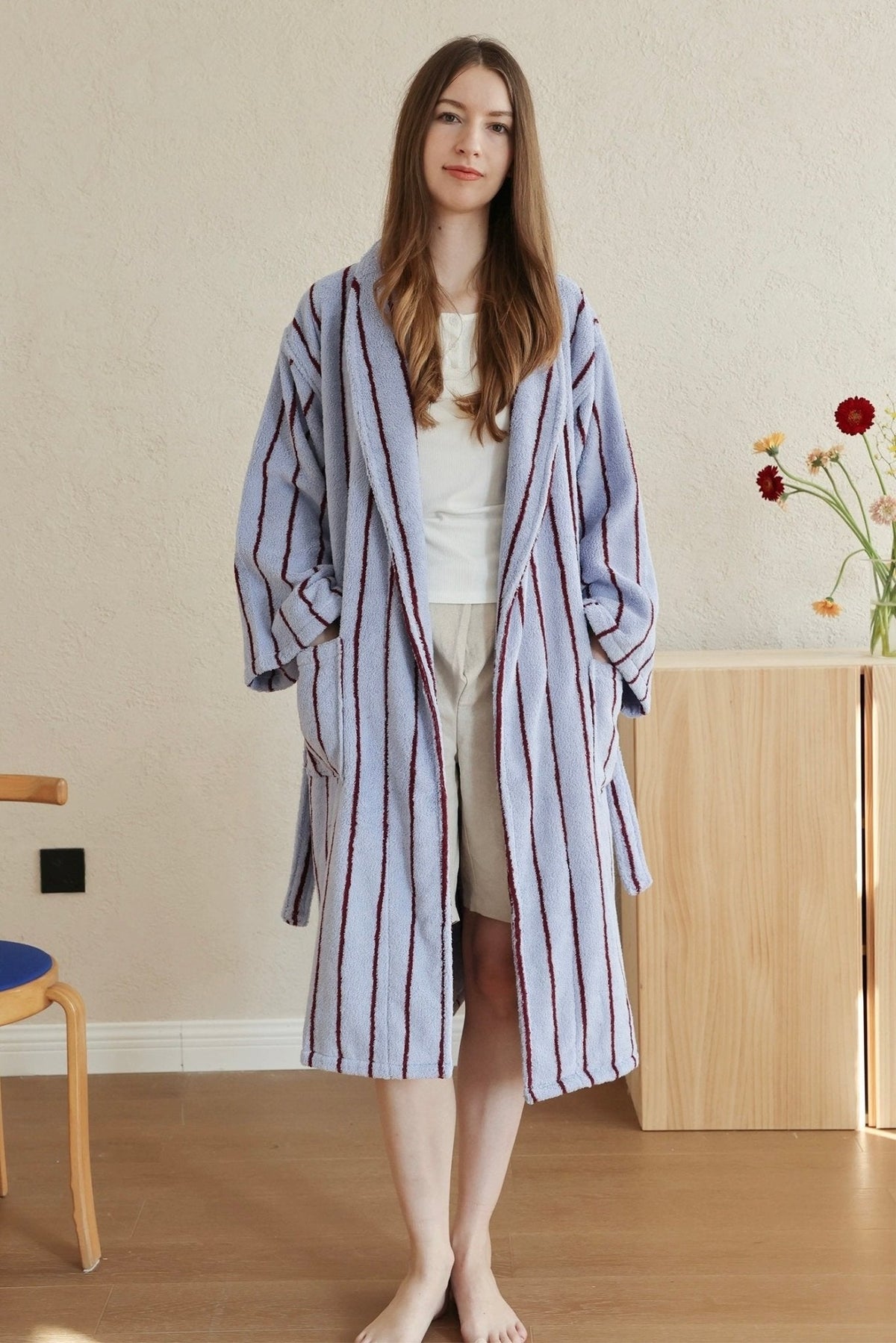 Retro Pastel Stripe Cotton Bath Robe - Plush Soft Absorbent Lounge Robe-1