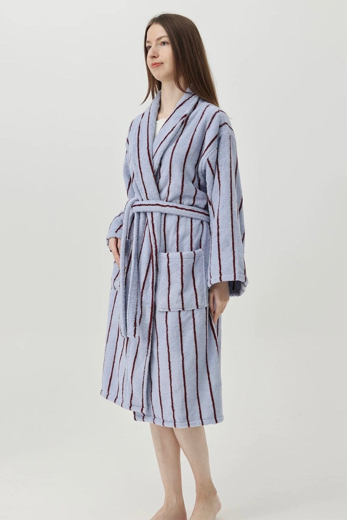 Retro Pastel Stripe Cotton Bath Robe - Plush Soft Absorbent Lounge Robe-6