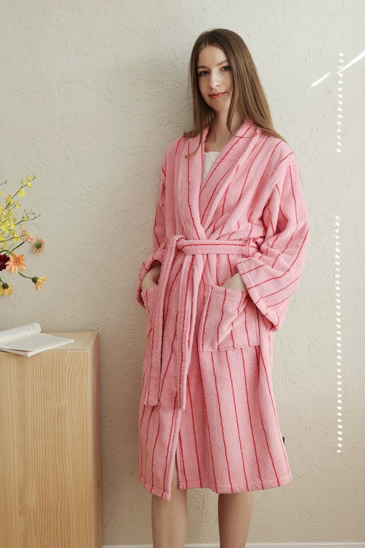 Retro Pastel Stripe Cotton Bath Robe - Plush Soft Absorbent Lounge Robe-0