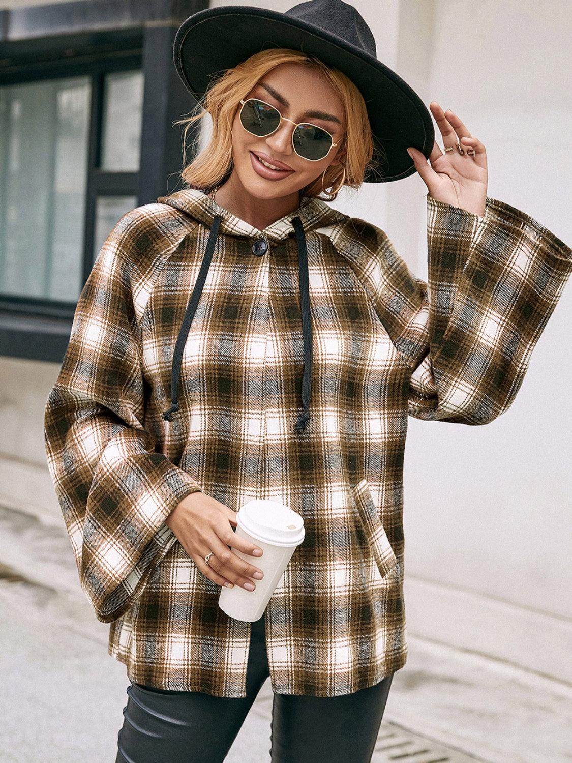Ivy Lane Pocketed Plaid Long Sleeve Hooded Jacket for Women-2