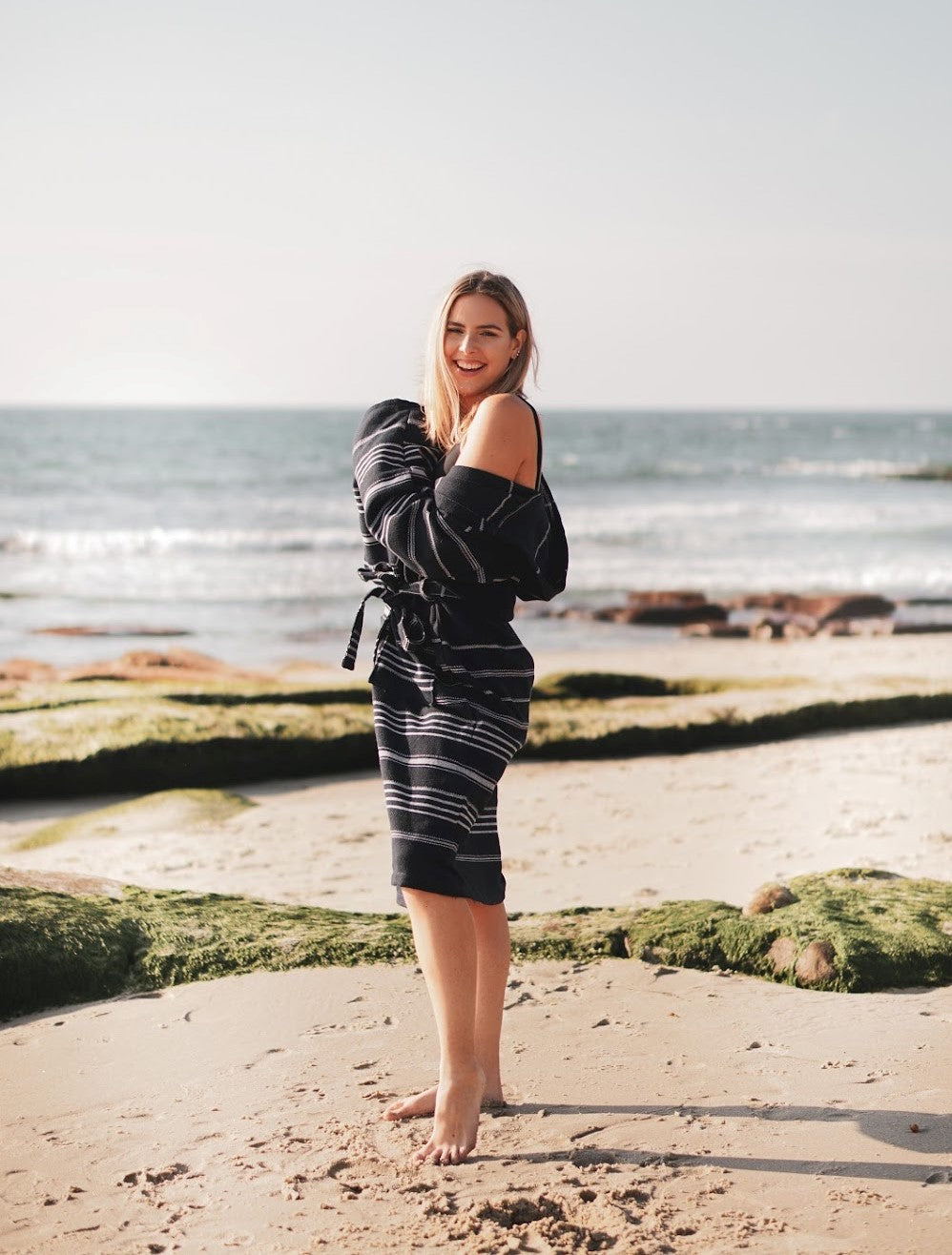 Del Mar Navy Turkish Towel Terry Bathrobe – 100% Turkish Cotton Hooded Unisex Spa Robe (S/M, L/XL)-1
