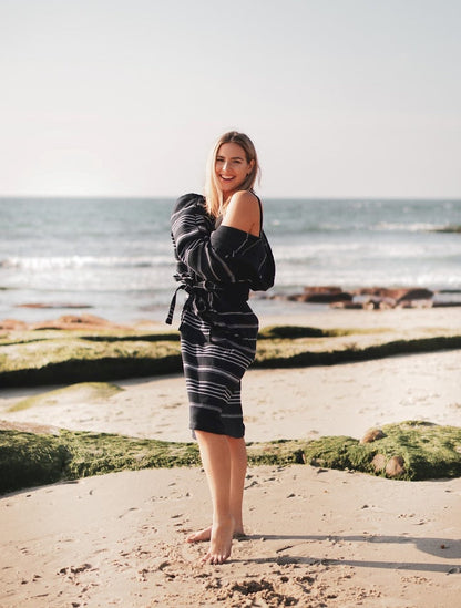 Del Mar Navy Turkish Towel Terry Bathrobe – 100% Turkish Cotton Hooded Unisex Spa Robe (S/M, L/XL)-1