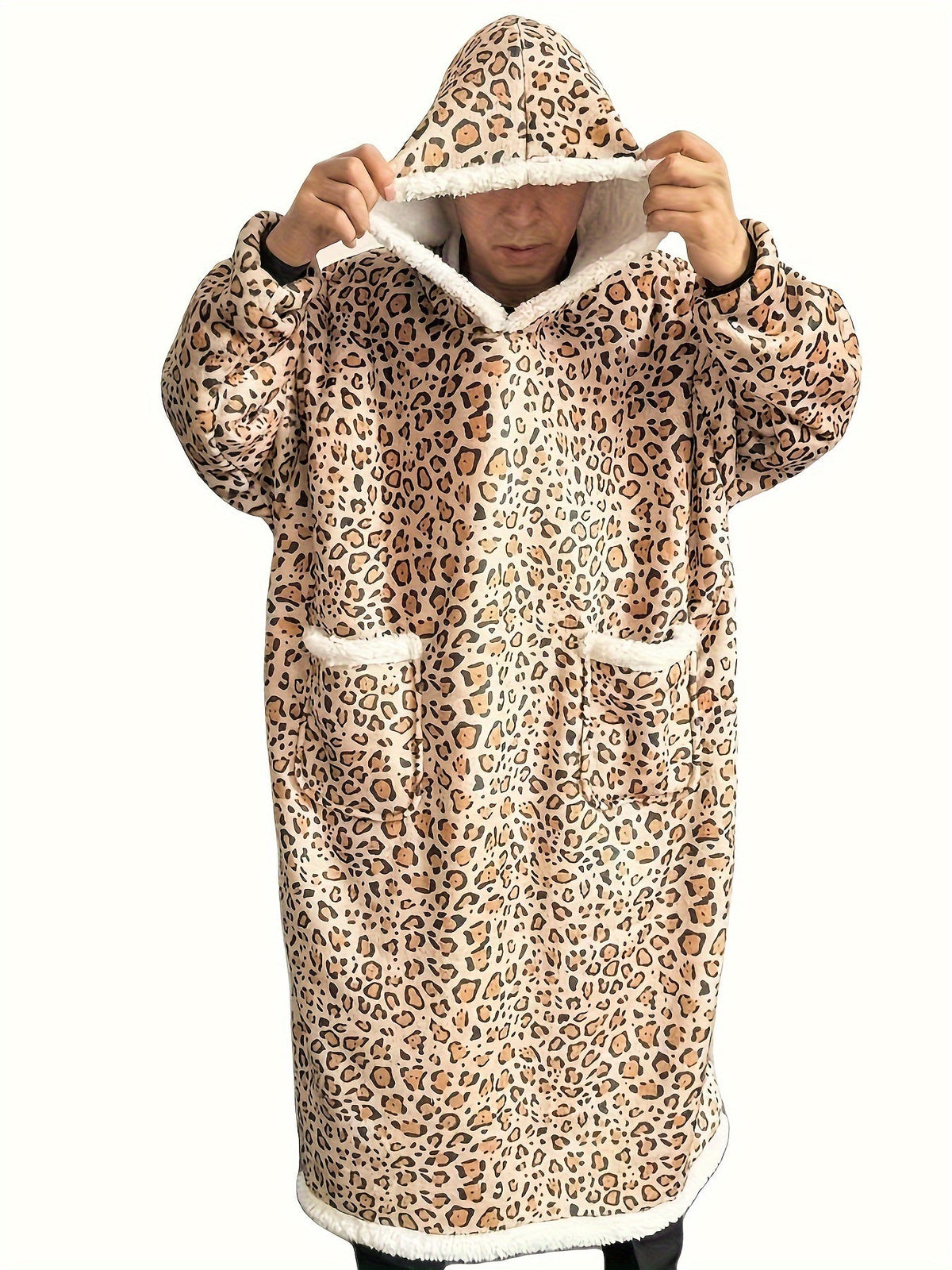 Leopard Print Flannel Hooded Winter Robe Set-0