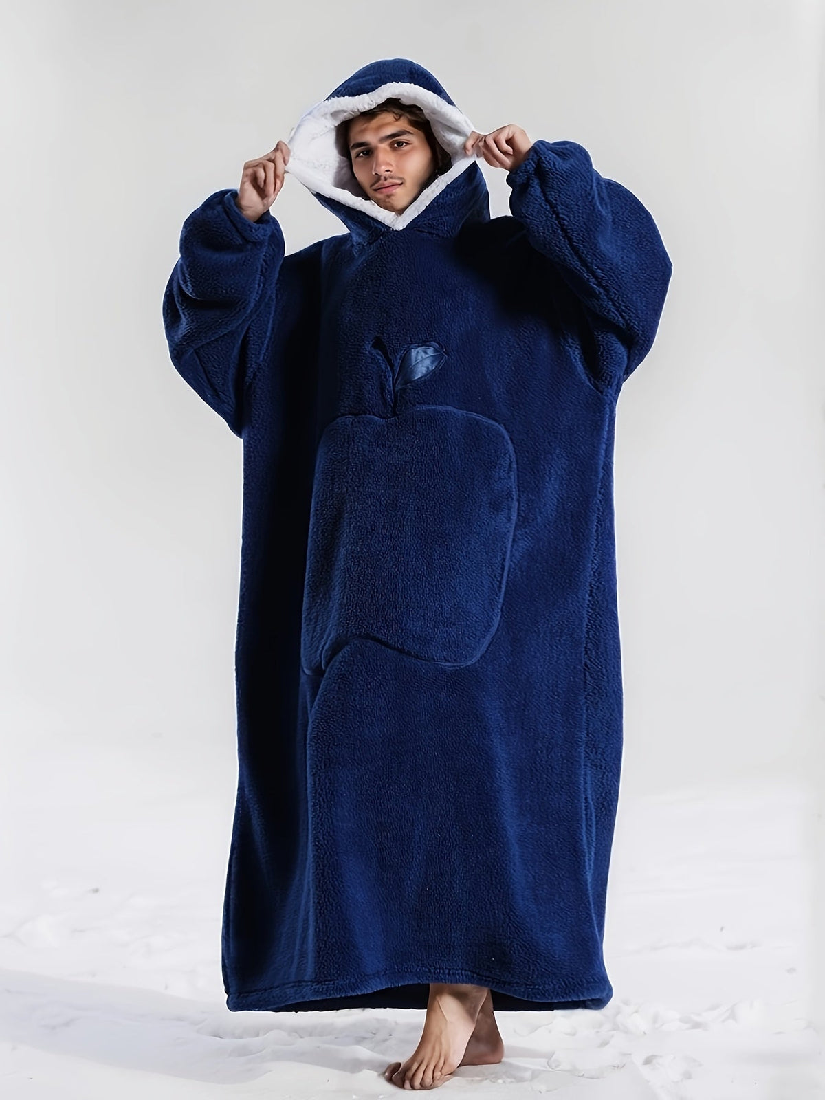 Winter Fleece Hooded Robe Navy Blue Blanket-2