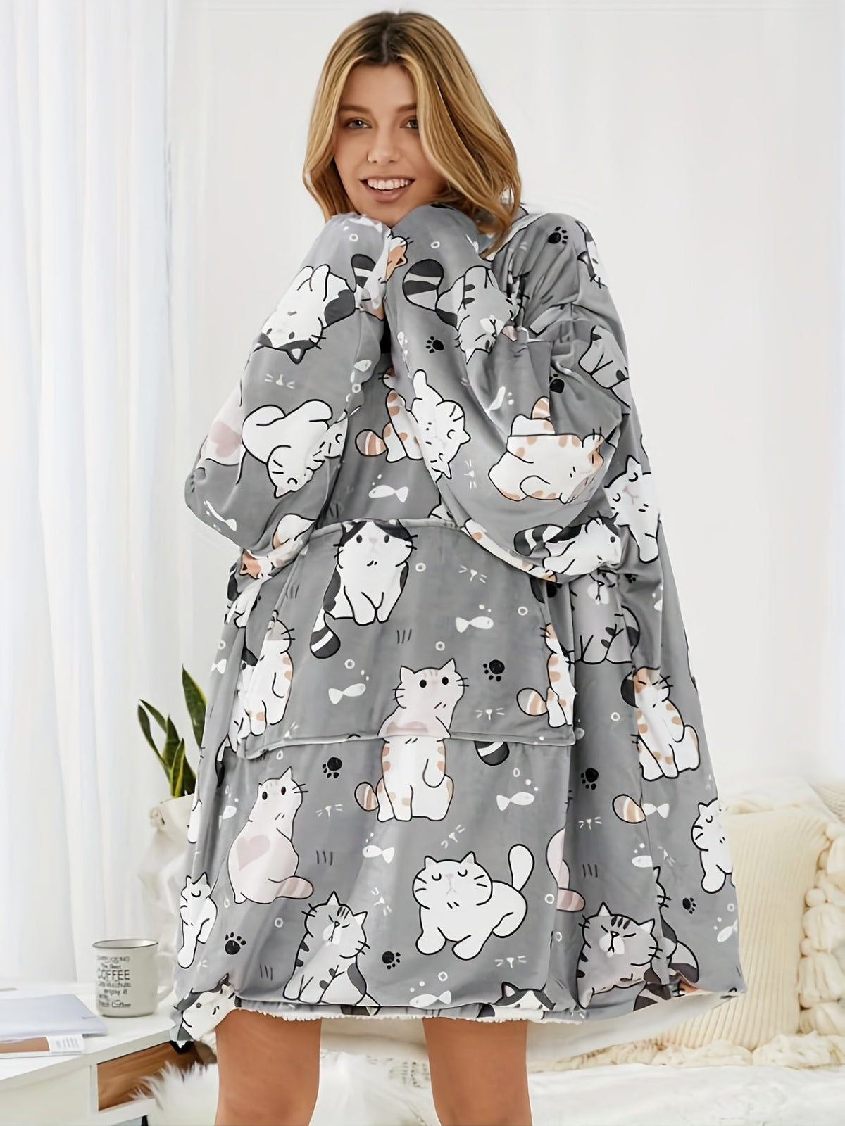Comic Cat Fleece Wearable Blanket Robe-1