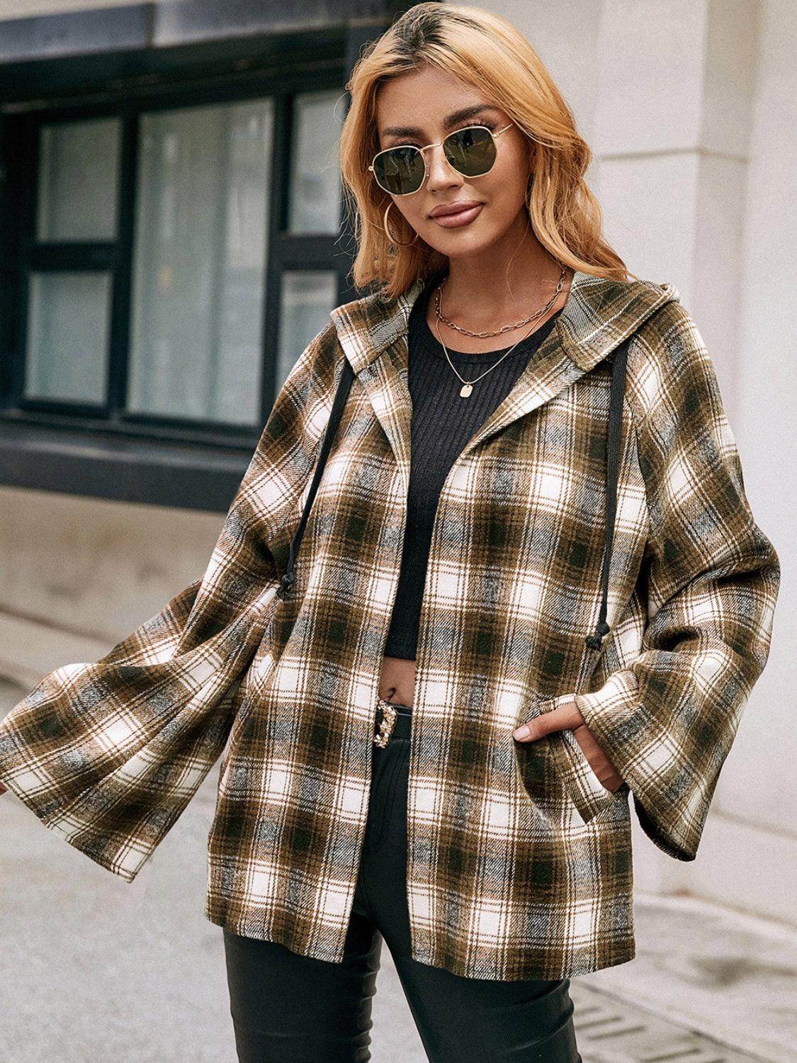 Ivy Lane Pocketed Plaid Long Sleeve Hooded Jacket for Women-3