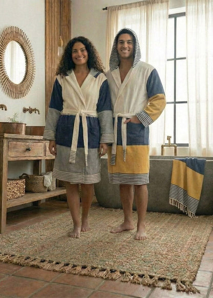 Turkish Cotton Hooded Bathrobe – Lightweight Multi-Color Robe (Shipping fees may apply)-0
