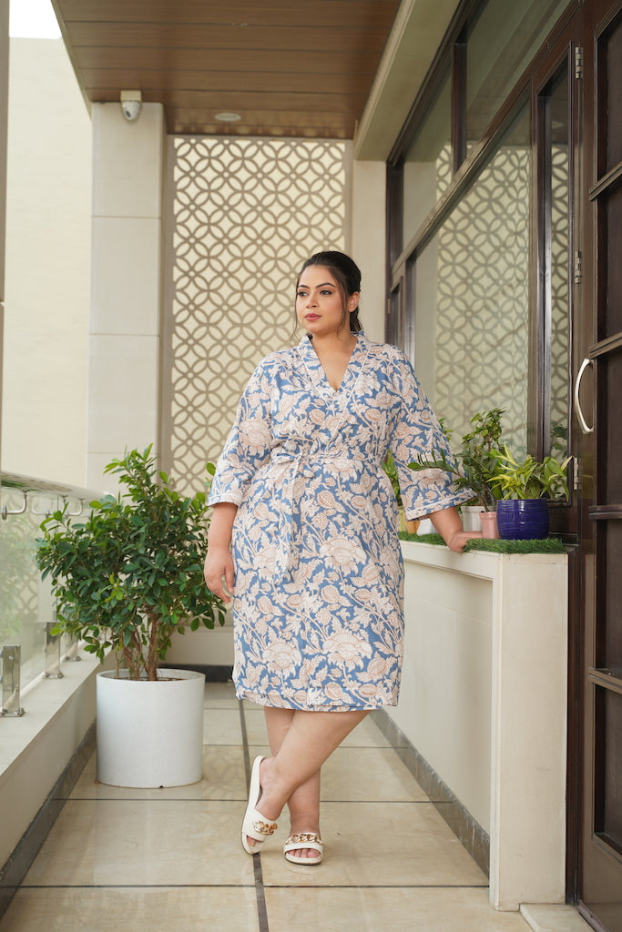 Blue Floral Printed 100% Cotton Kimono Robe-0