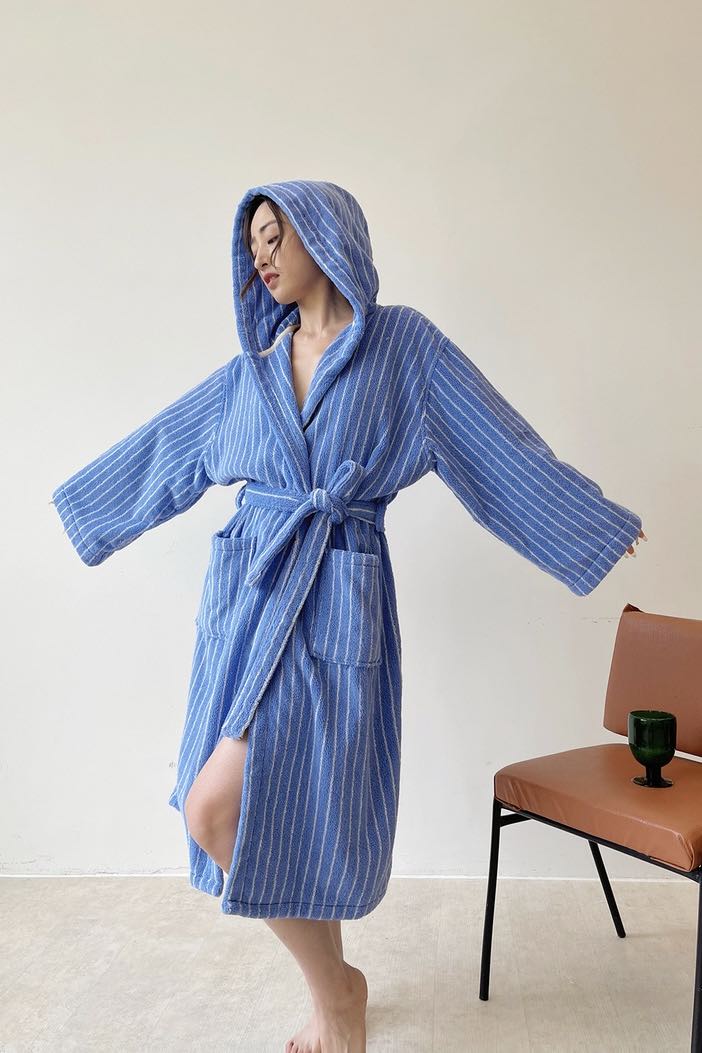 Blue Retro Hooded Stripe Bathrobe, 100% ORGANIC Long-stapled Cotton-2