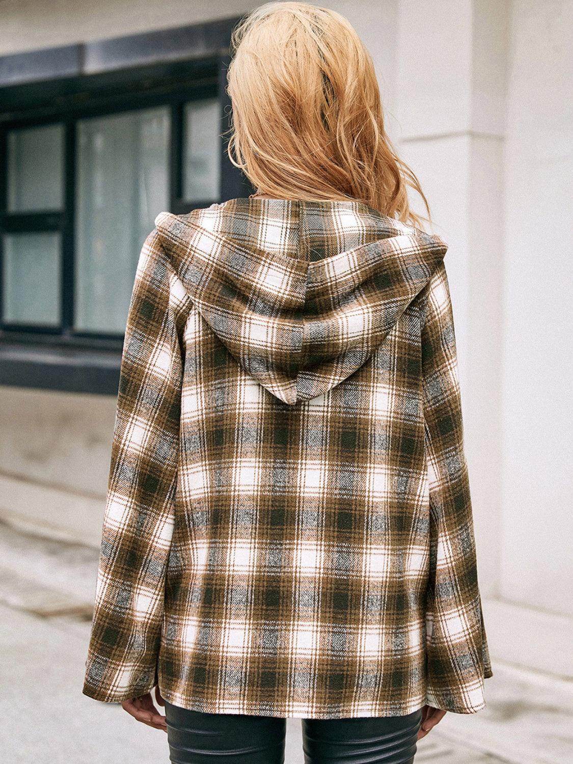 Ivy Lane Pocketed Plaid Long Sleeve Hooded Jacket for Women-1