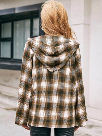 Ivy Lane Pocketed Plaid Long Sleeve Hooded Jacket for Women-1