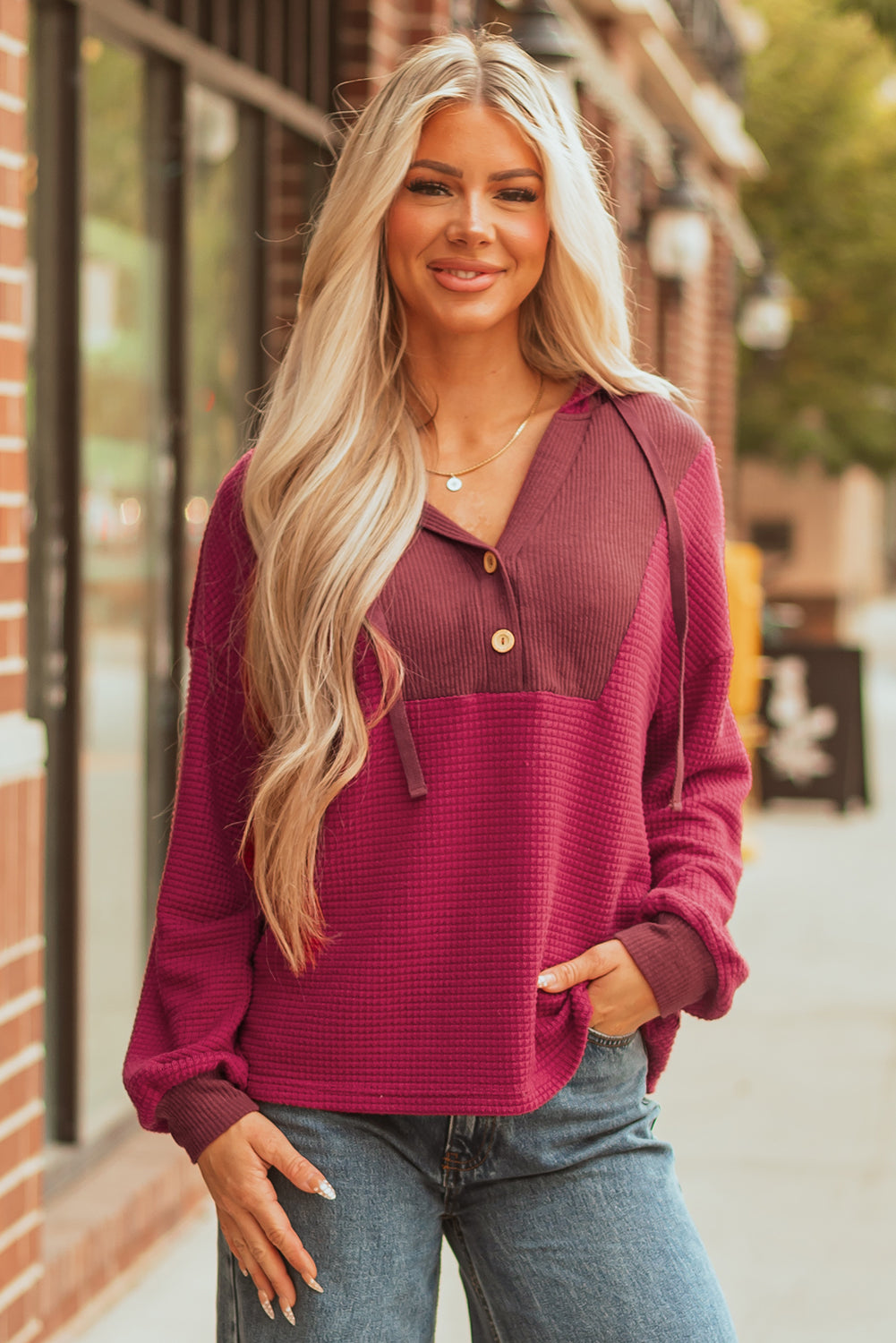 River Waffle Hooded Long Sleeve Top-4