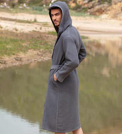 1038 Men's Hooded Turkish Cotton Waffle Robe