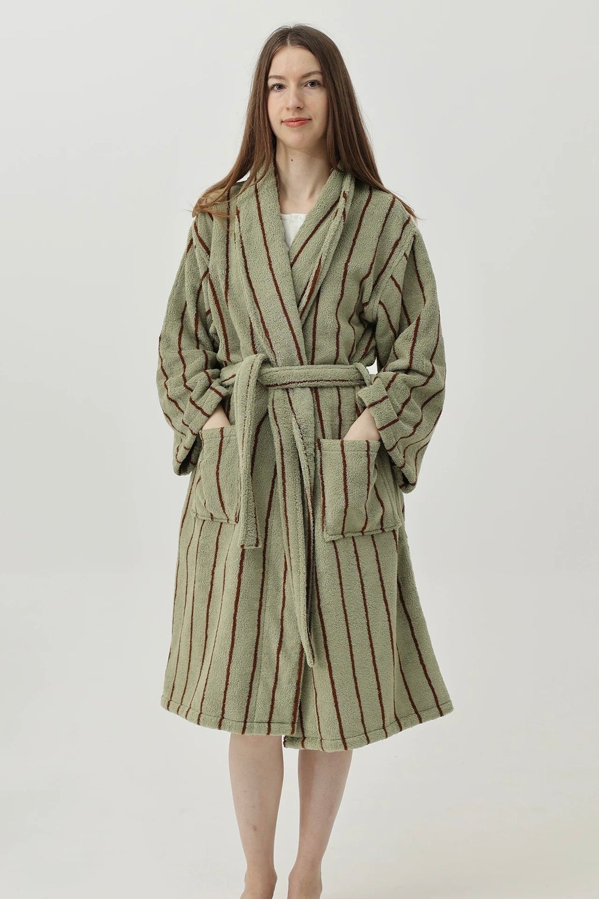 Retro Earthy Pinstripe Cotton Robe - 460 GSM Soft Absorbent Robe for Slow Living-6