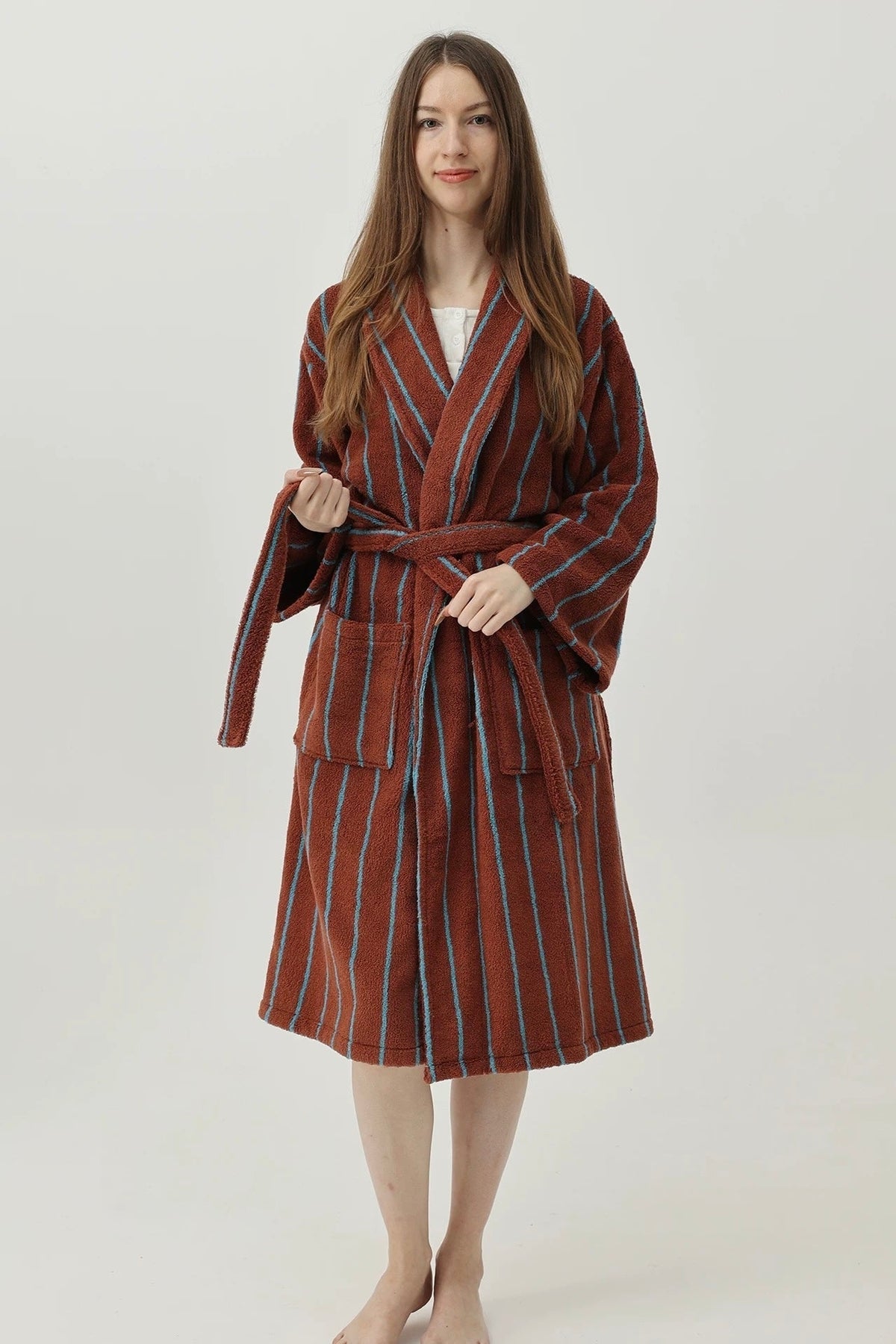 Retro Earthy Pinstripe Cotton Robe - 460 GSM Soft Absorbent Robe for Slow Living-5