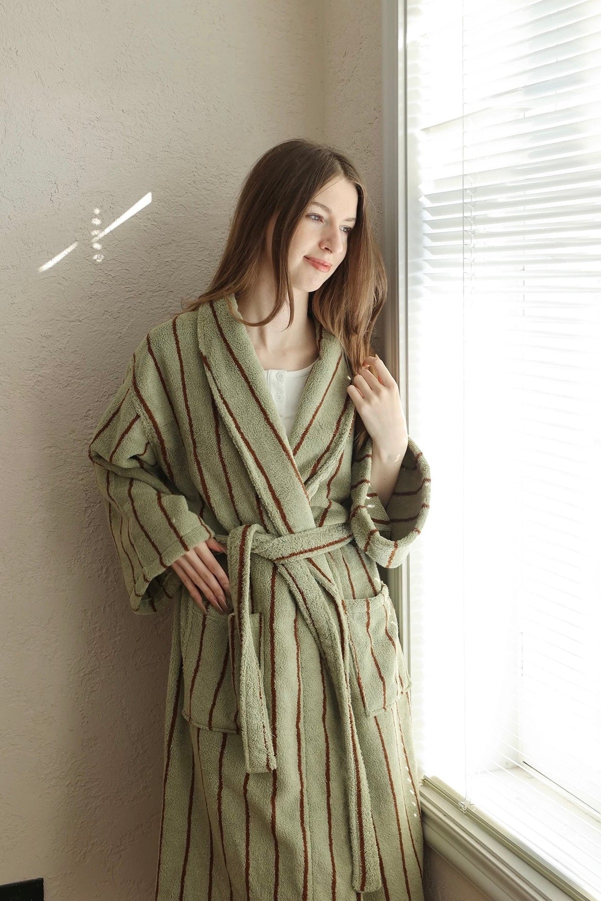 Retro Earthy Pinstripe Cotton Robe - 460 GSM Soft Absorbent Robe for Slow Living-3