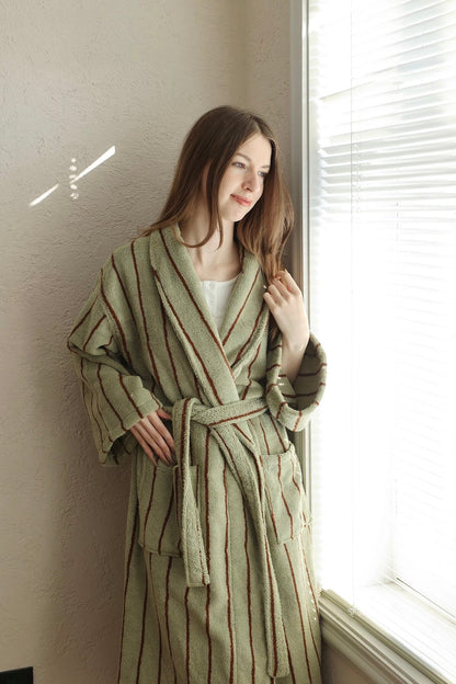 Retro Earthy Pinstripe Cotton Robe - 460 GSM Soft Absorbent Robe for Slow Living-3