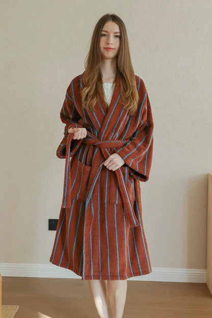 Retro Earthy Pinstripe Cotton Robe - 460 GSM Soft Absorbent Robe for Slow Living-0