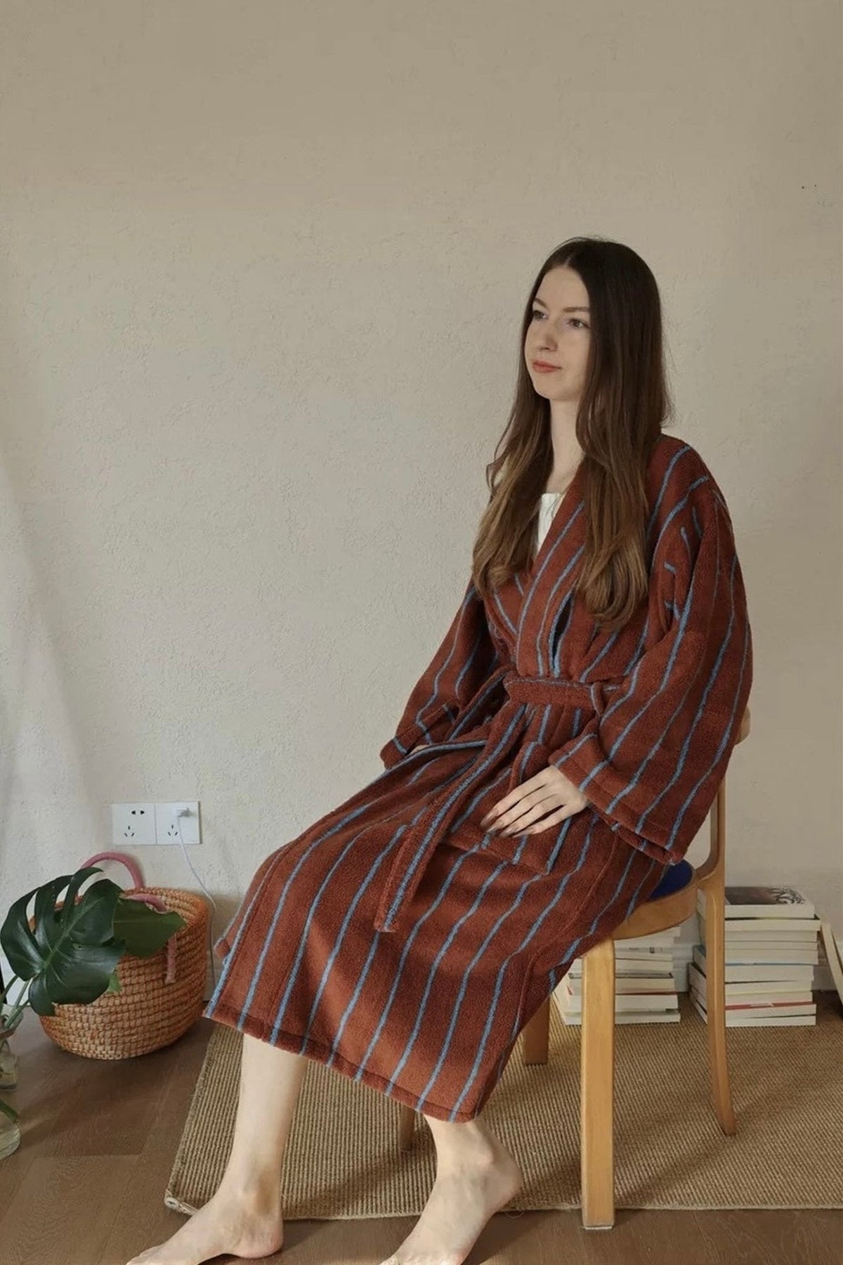 Retro Earthy Pinstripe Cotton Robe - 460 GSM Soft Absorbent Robe for Slow Living-4