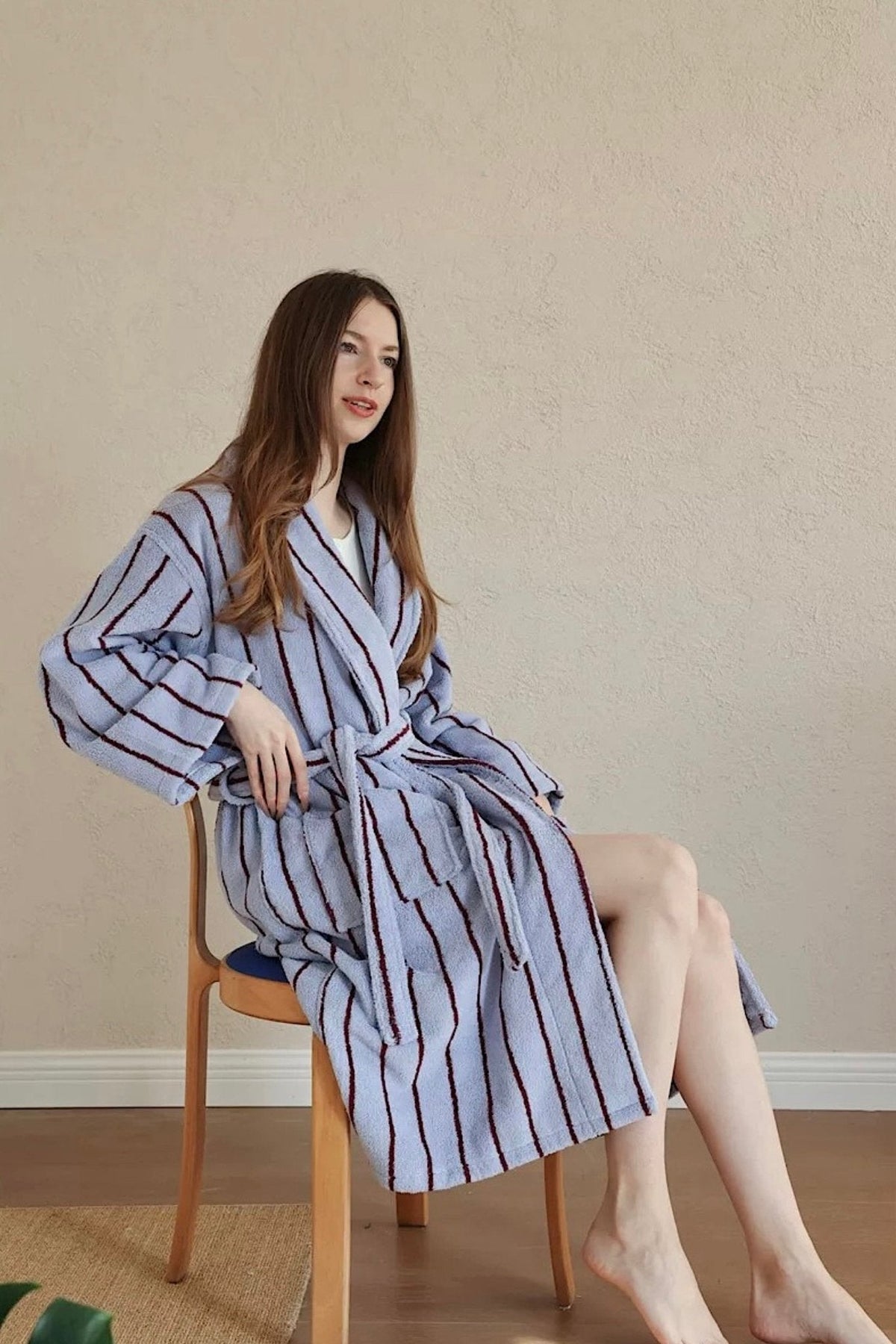 Retro Pastel Stripe Cotton Bath Robe - Plush Soft Absorbent Lounge Robe-3