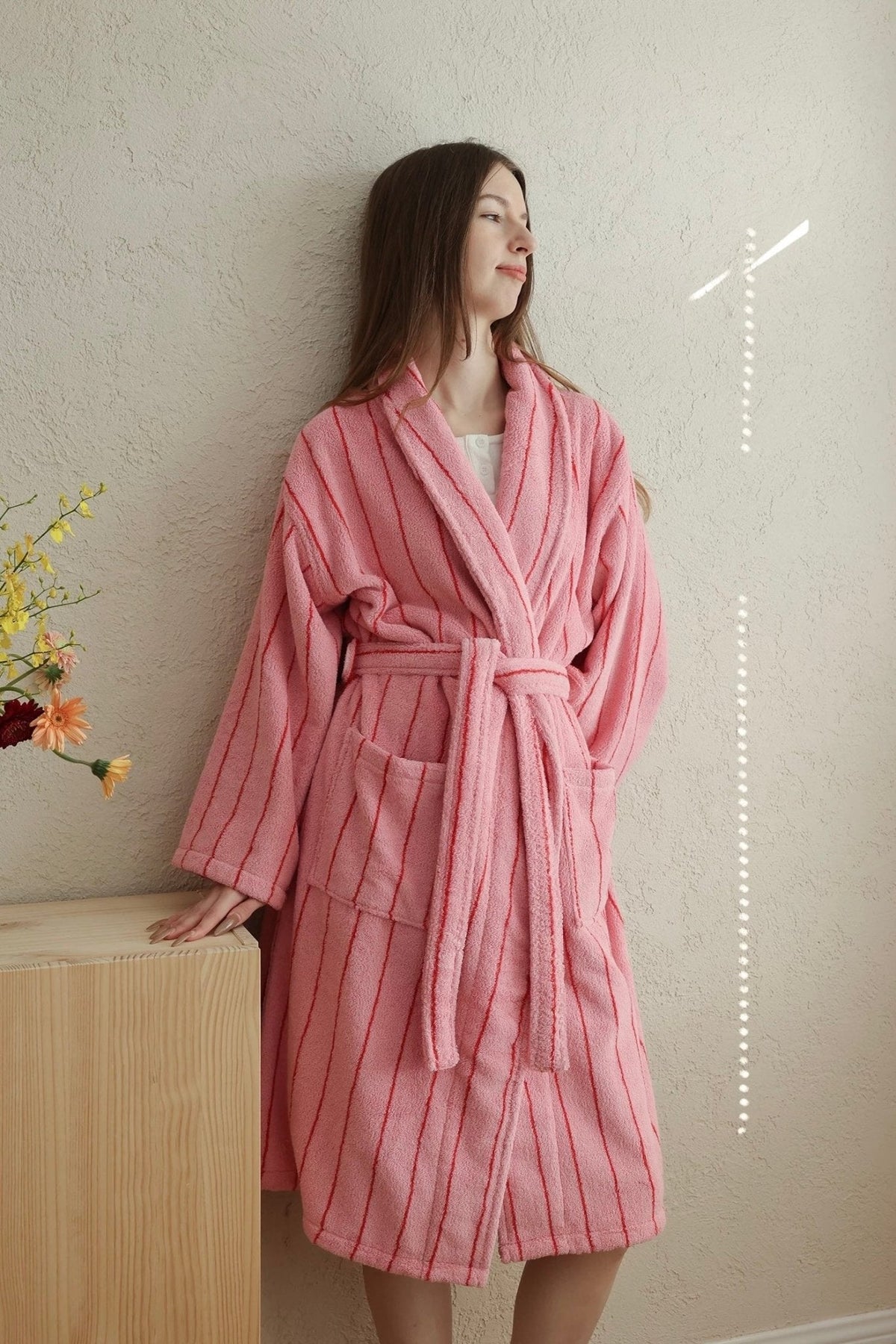 Retro Pastel Stripe Cotton Bath Robe - Plush Soft Absorbent Lounge Robe-2