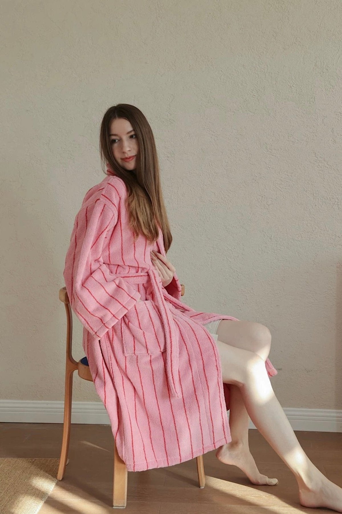 Retro Pastel Stripe Cotton Bath Robe - Plush Soft Absorbent Lounge Robe-4