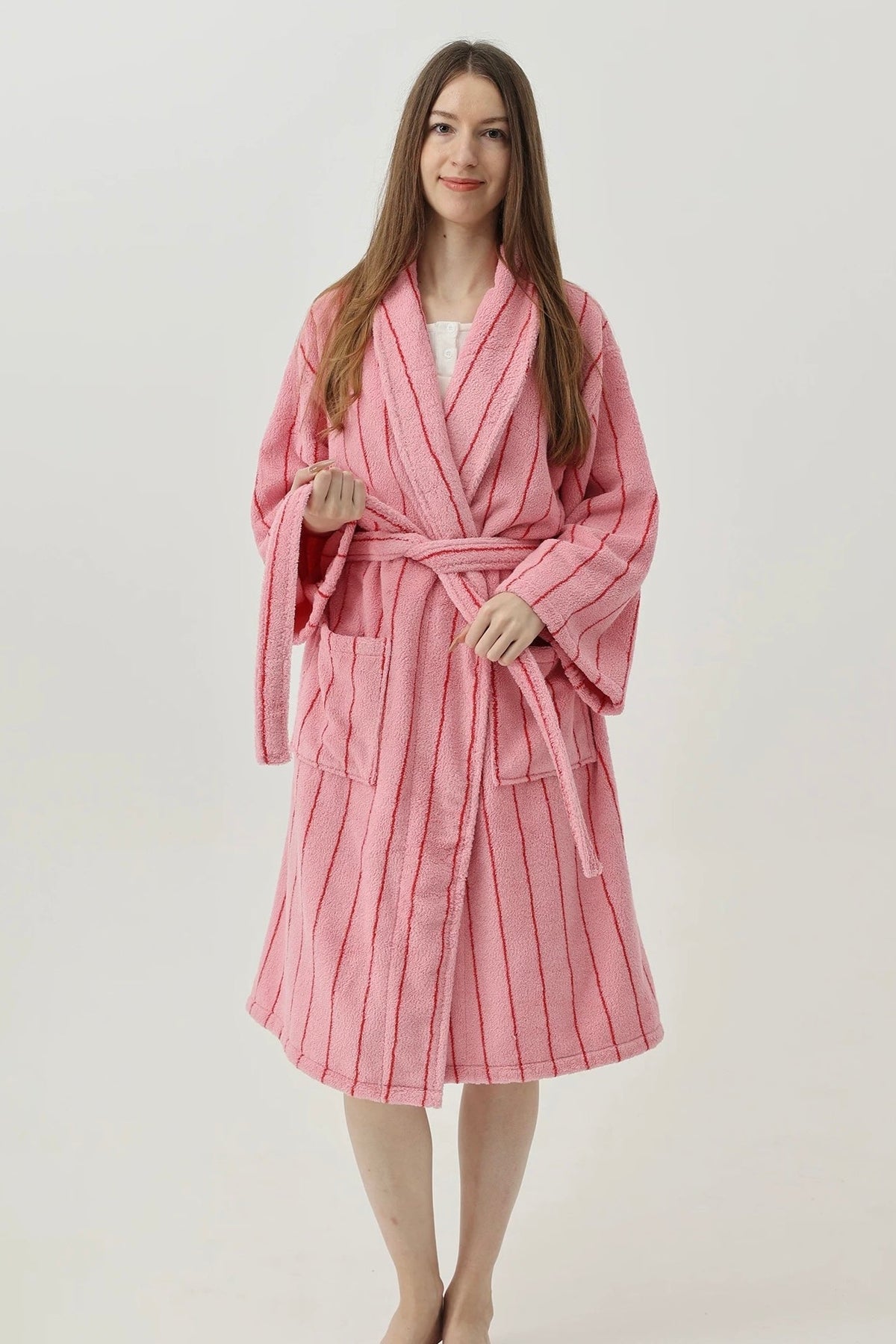 Retro Pastel Stripe Cotton Bath Robe - Plush Soft Absorbent Lounge Robe-5